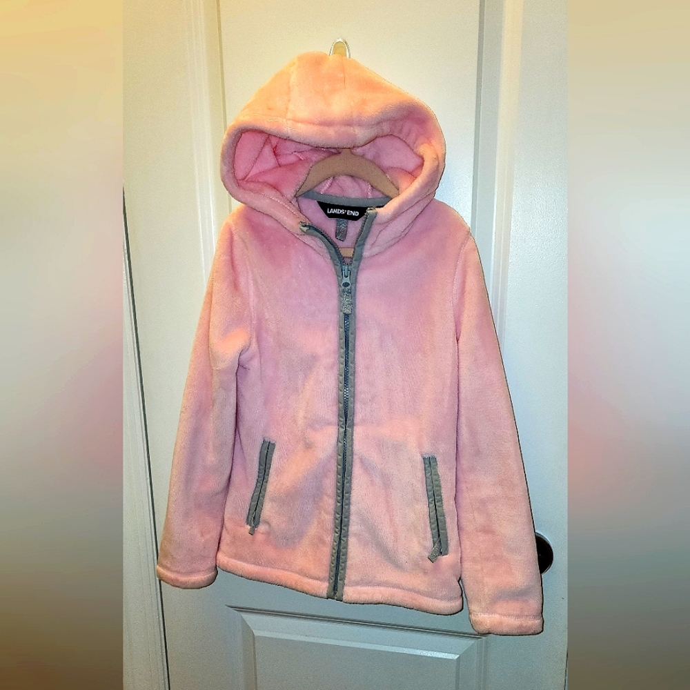 Lands End Girls Pink Grey Zip Up Softest Fleece Like New Size Small 7/8